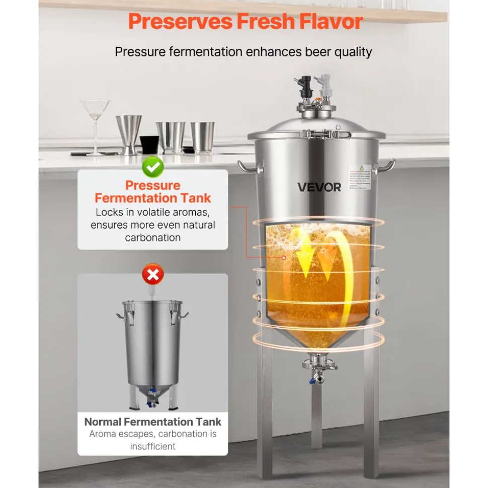 VEVOR Pressure Fermenter 15 PSI, 8 Gal/30L All-in-One Stainless Steel Conical Secondary Fermentation Bucket, for Wine, Beer Brewing Equipment