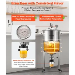 VEVOR Pressure Fermenter 15 PSI, 16 Gal/60L All-in-One Stainless Steel Conical Secondary Fermentation Bucket, with Cooling Tube, Yeast Slurry Collection Bottle, for Wine, Beer Brewing Equipment