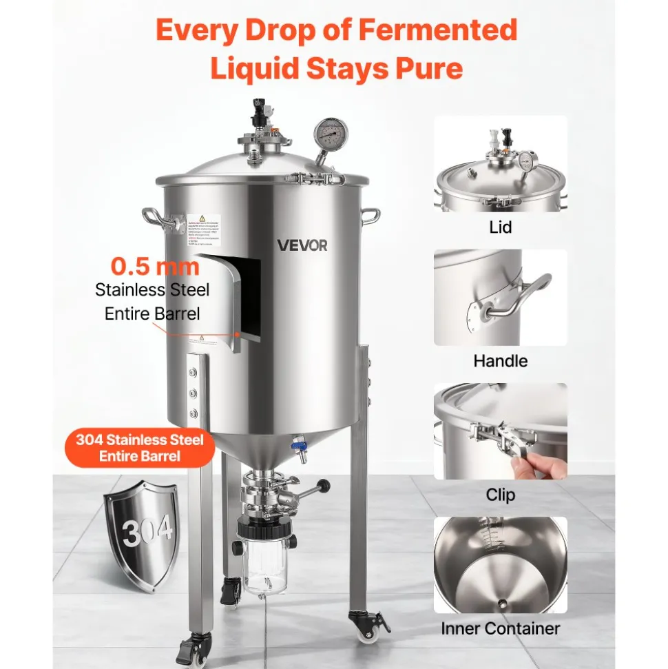 VEVOR Pressure Fermenter 15 PSI, 16 Gal/60L All-in-One Stainless Steel Conical Secondary Fermentation Bucket, with Cooling Tube, Yeast Slurry Collection Bottle, for Wine, Beer Brewing Equipment