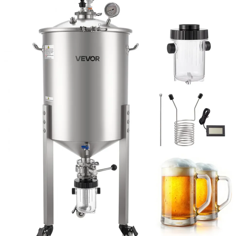 VEVOR Pressure Fermenter 15 PSI, 16 Gal/60L All-in-One Stainless Steel Conical Secondary Fermentation Bucket, with Cooling Tube, Yeast Slurry Collection Bottle, for Wine, Beer Brewing Equipment