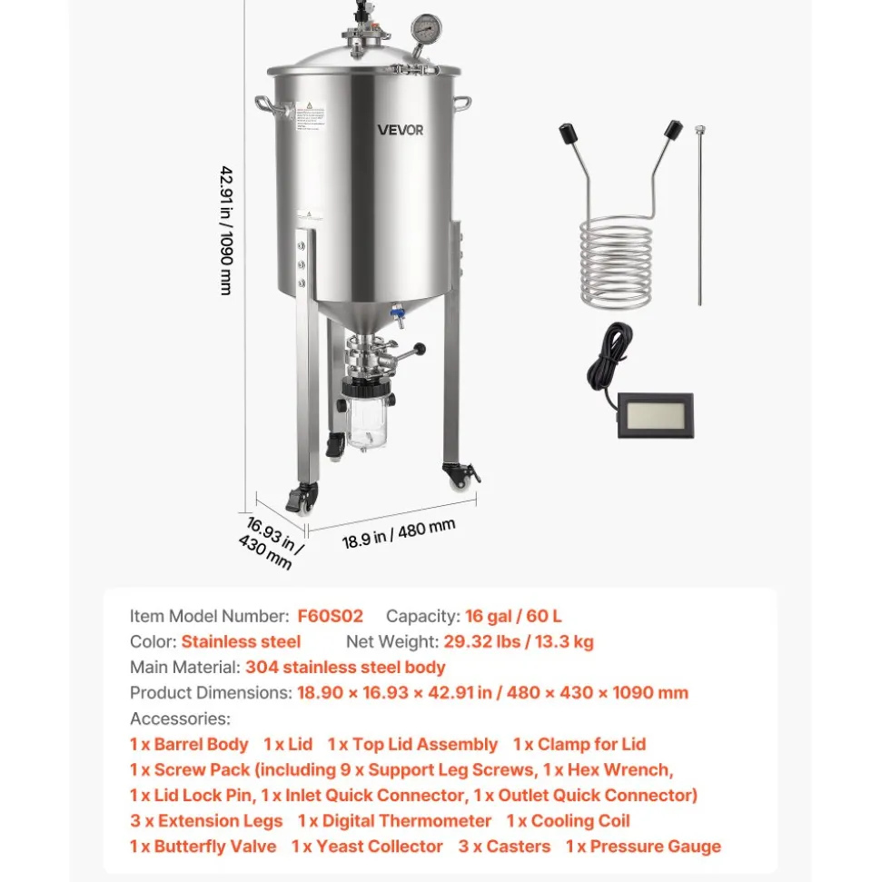 VEVOR Pressure Fermenter 15 PSI, 16 Gal/60L All-in-One Stainless Steel Conical Secondary Fermentation Bucket, with Cooling Tube, Yeast Slurry Collection Bottle, for Wine, Beer Brewing Equipment