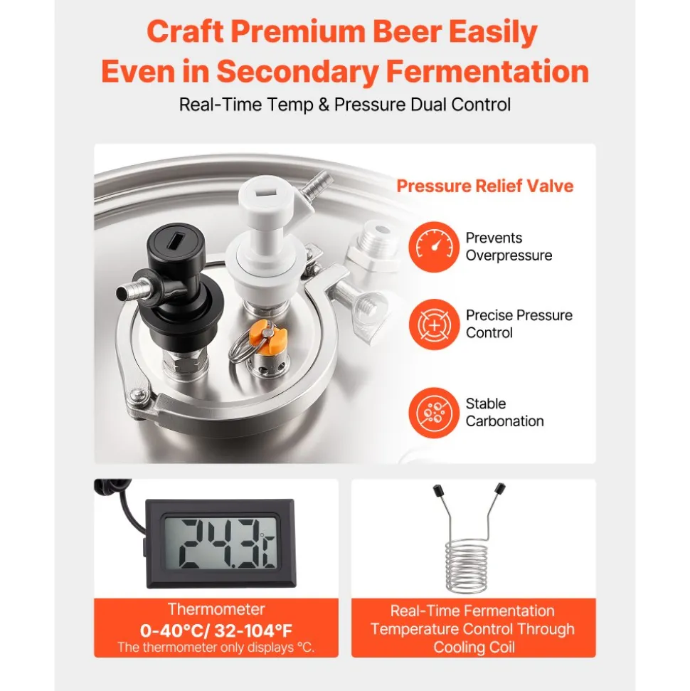VEVOR Pressure Fermenter 15 PSI, 16 Gal/60L All-in-One Stainless Steel Conical Secondary Fermentation Bucket, with Cooling Tube, Yeast Slurry Collection Bottle, for Wine, Beer Brewing Equipment