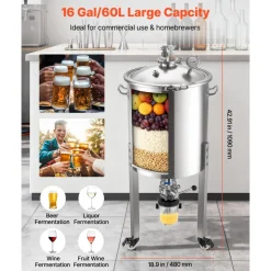 VEVOR Pressure Fermenter 15 PSI, 16 Gal/60L All-in-One Stainless Steel Conical Secondary Fermentation Bucket, with Cooling Tube, Yeast Slurry Collection Bottle, for Wine, Beer Brewing Equipment
