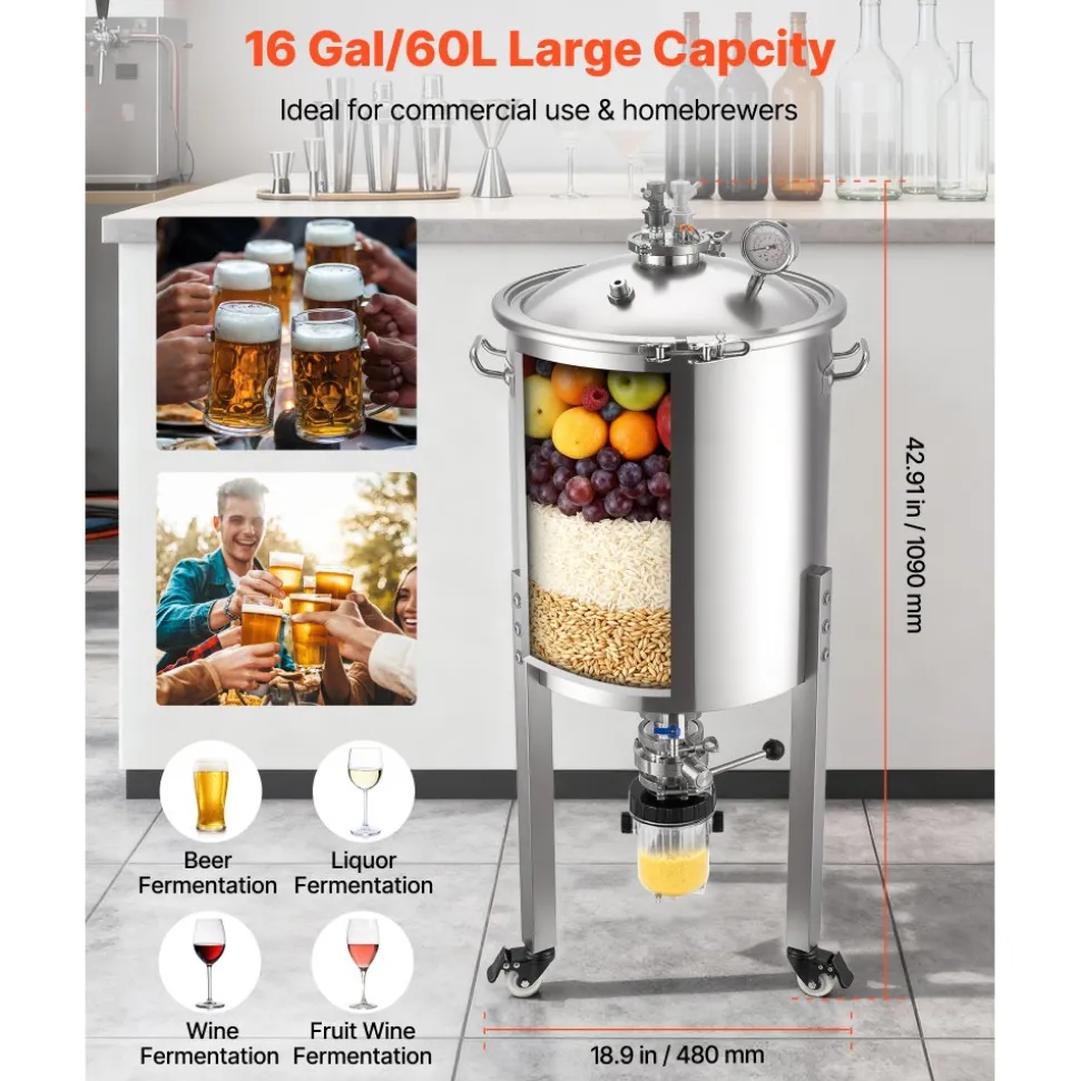 VEVOR Pressure Fermenter 15 PSI, 16 Gal/60L All-in-One Stainless Steel Conical Secondary Fermentation Bucket, with Cooling Tube, Yeast Slurry Collection Bottle, for Wine, Beer Brewing Equipment