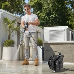 VEVOR Pressure Washer Hose Reel, 60 ft x 1/4 inch Retractable Power Heavy-Duty Steel Washer Hose Reel, 4000PSI Max, Auto-Rewinding, Flexible Wall/Floor Mounted for Car Washing,Garden,Floor Cleaning
