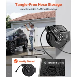 VEVOR Pressure Washer Hose Reel, 60 ft x 1/4 inch Retractable Power Heavy-Duty Steel Washer Hose Reel, 4000PSI Max, Auto-Rewinding, Flexible Wall/Floor Mounted for Car Washing,Garden,Floor Cleaning