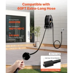 VEVOR Pressure Washer Hose Reel, 60 ft x 1/4 inch Retractable Power Heavy-Duty Steel Washer Hose Reel, 4000PSI Max, Auto-Rewinding, Flexible Wall/Floor Mounted for Car Washing,Garden,Floor Cleaning
