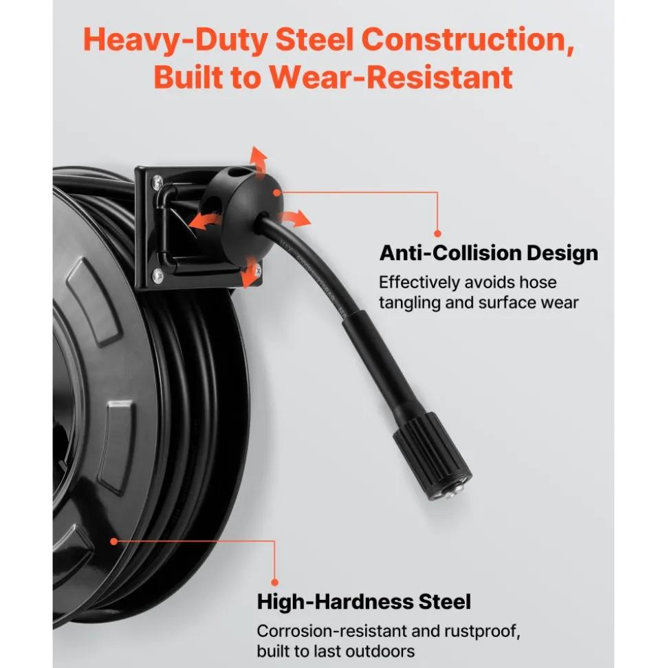 VEVOR Pressure Washer Hose Reel, 60 ft x 1/4 inch Retractable Power Heavy-Duty Steel Washer Hose Reel, 4000PSI Max, Auto-Rewinding, Flexible Wall/Floor Mounted for Car Washing,Garden,Floor Cleaning
