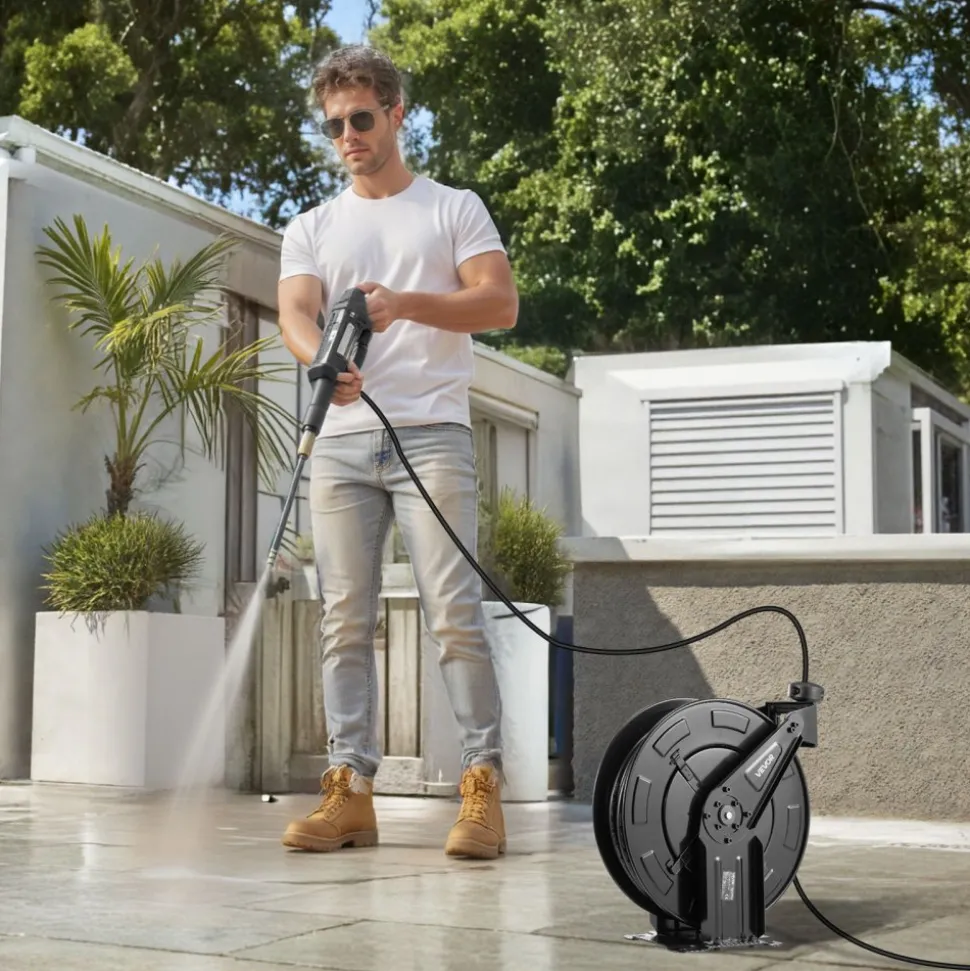 VEVOR Pressure Washer Hose Reel, 50 ft x 3/8 inch Retractable Power Heavy-Duty Steel Washer Hose Reel, 4000PSI Max, Auto-Rewinding, Flexible Wall/Floor Mounted for Car Washing,Garden,Floor Cleaning