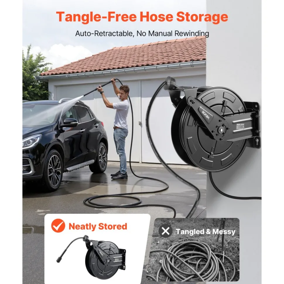 VEVOR Pressure Washer Hose Reel, 50 ft x 3/8 inch Retractable Power Heavy-Duty Steel Washer Hose Reel, 4000PSI Max, Auto-Rewinding, Flexible Wall/Floor Mounted for Car Washing,Garden,Floor Cleaning
