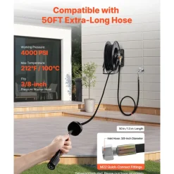 VEVOR Pressure Washer Hose Reel, 50 ft x 3/8 inch Retractable Power Heavy-Duty Steel Washer Hose Reel, 4000PSI Max, Auto-Rewinding, Flexible Wall/Floor Mounted for Car Washing,Garden,Floor Cleaning