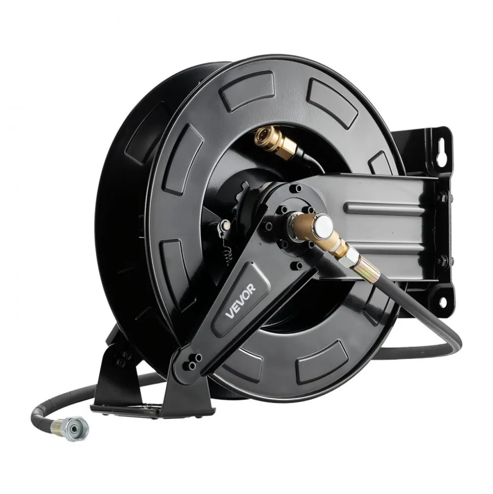 VEVOR Pressure Washer Hose Reel, 50 ft x 3/8 inch Retractable Power Heavy-Duty Steel Washer Hose Reel, 4000PSI Max, Auto-Rewinding, Flexible Wall/Floor Mounted for Car Washing,Garden,Floor Cleaning