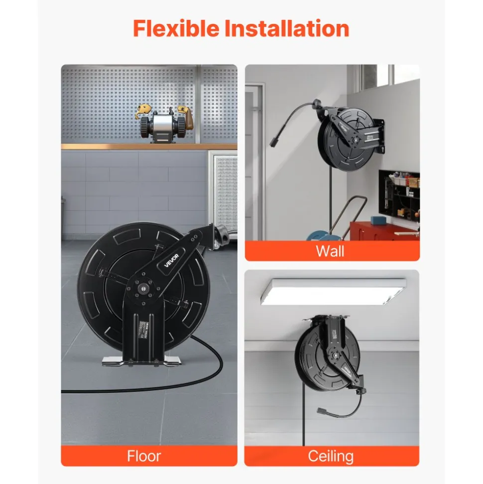 VEVOR Pressure Washer Hose Reel, 50 ft x 3/8 inch Retractable Power Heavy-Duty Steel Washer Hose Reel, 4000PSI Max, Auto-Rewinding, Flexible Wall/Floor Mounted for Car Washing,Garden,Floor Cleaning