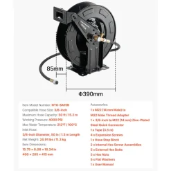 VEVOR Pressure Washer Hose Reel, 50 ft x 3/8 inch Retractable Power Heavy-Duty Steel Washer Hose Reel, 4000PSI Max, Auto-Rewinding, Flexible Wall/Floor Mounted for Car Washing,Garden,Floor Cleaning