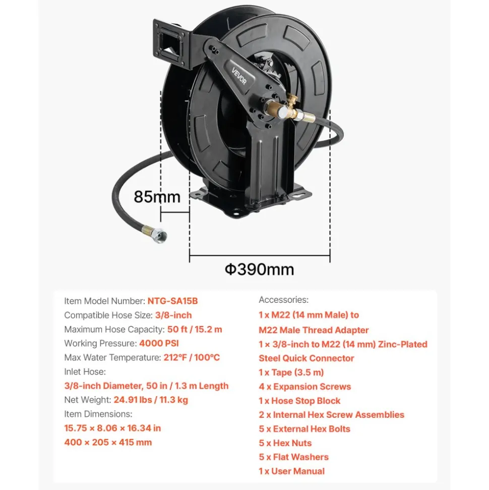 VEVOR Pressure Washer Hose Reel, 50 ft x 3/8 inch Retractable Power Heavy-Duty Steel Washer Hose Reel, 4000PSI Max, Auto-Rewinding, Flexible Wall/Floor Mounted for Car Washing,Garden,Floor Cleaning
