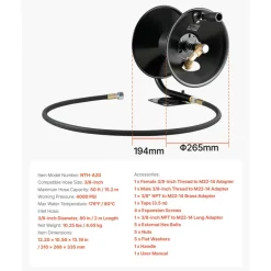 VEVOR Pressure Washer Hose Reel, 50 ft x 3/8 inch Heavy-Duty Steel Bracket-Mounted Pressure Hose Reel, Wall/Floor/Truck Mount, 4000PSI Max, Manual Power Hand Crank for Car/Floor Washing,Garden