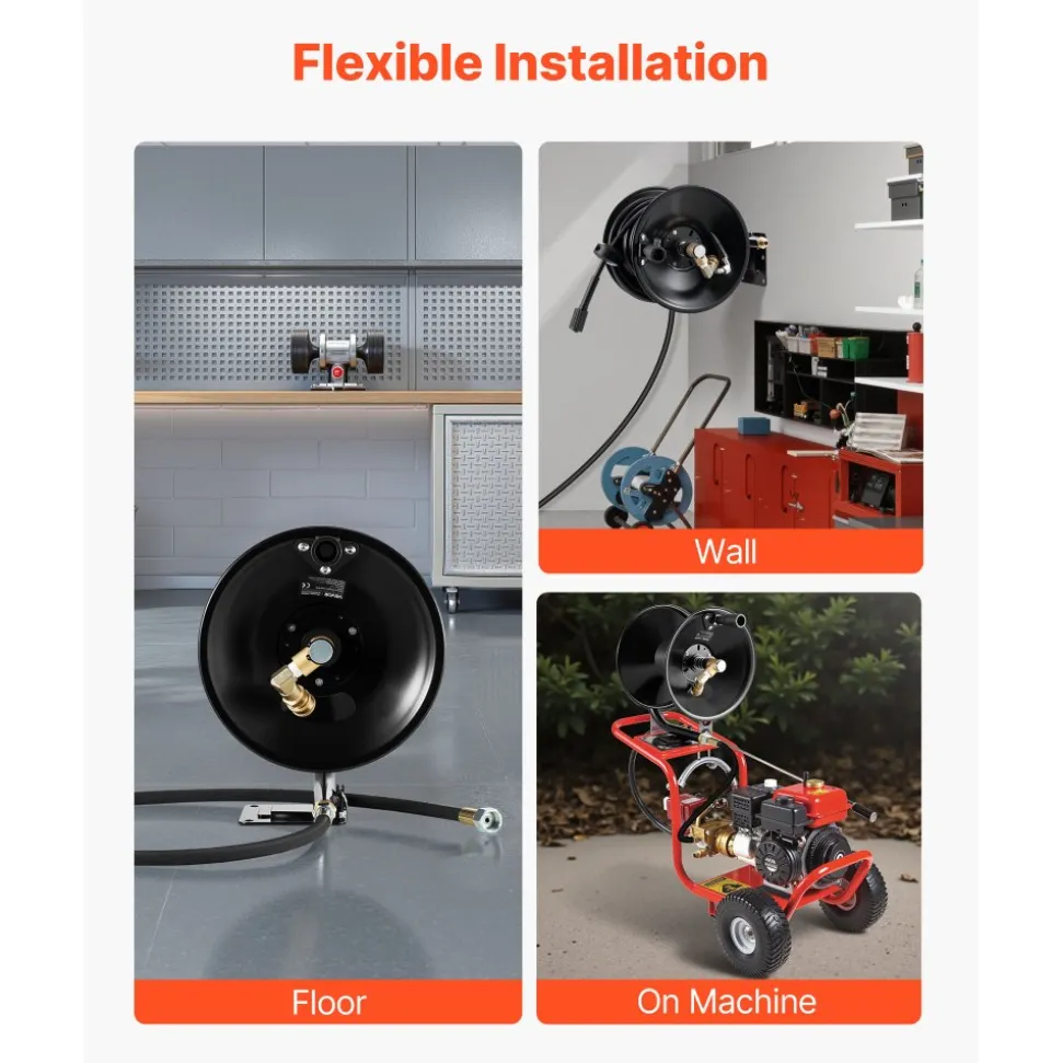 VEVOR Pressure Washer Hose Reel, 50 ft x 3/8 inch Heavy-Duty Steel Bracket-Mounted Pressure Hose Reel, Wall/Floor/Truck Mount, 4000PSI Max, Manual Power Hand Crank for Car/Floor Washing,Garden