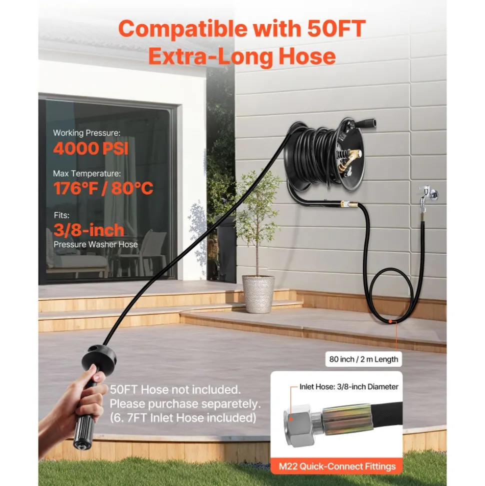 VEVOR Pressure Washer Hose Reel, 50 ft x 3/8 inch Heavy-Duty Steel Bracket-Mounted Pressure Hose Reel, Wall/Floor/Truck Mount, 4000PSI Max, Manual Power Hand Crank for Car/Floor Washing,Garden