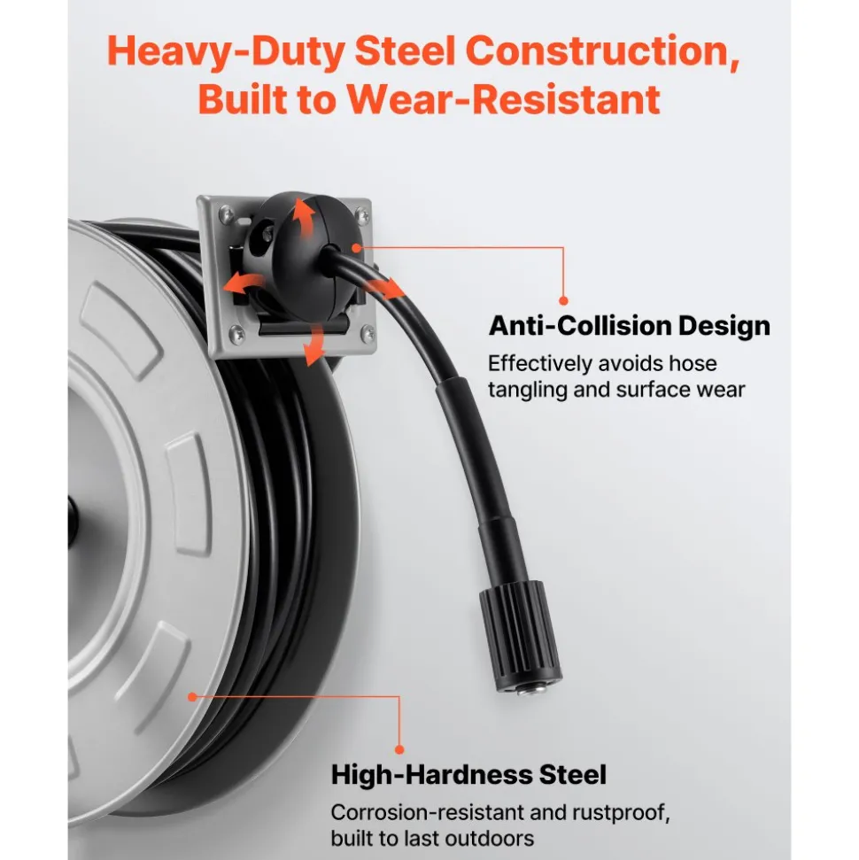 VEVOR Pressure Washer Hose Reel, 65 ft x 1/4 inch Retractable Power Heavy-Duty Steel Washer Hose Reel, 3200PSI Max, Auto-Rewinding, Flexible Wall/Floor Mounted for Car Washing,Garden,Floor Cleaning