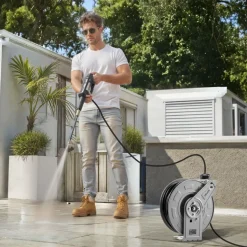VEVOR Pressure Washer Hose Reel, 65 ft x 1/4 inch Retractable Power Heavy-Duty Steel Washer Hose Reel, 3200PSI Max, Auto-Rewinding, Flexible Wall/Floor Mounted for Car Washing,Garden,Floor Cleaning