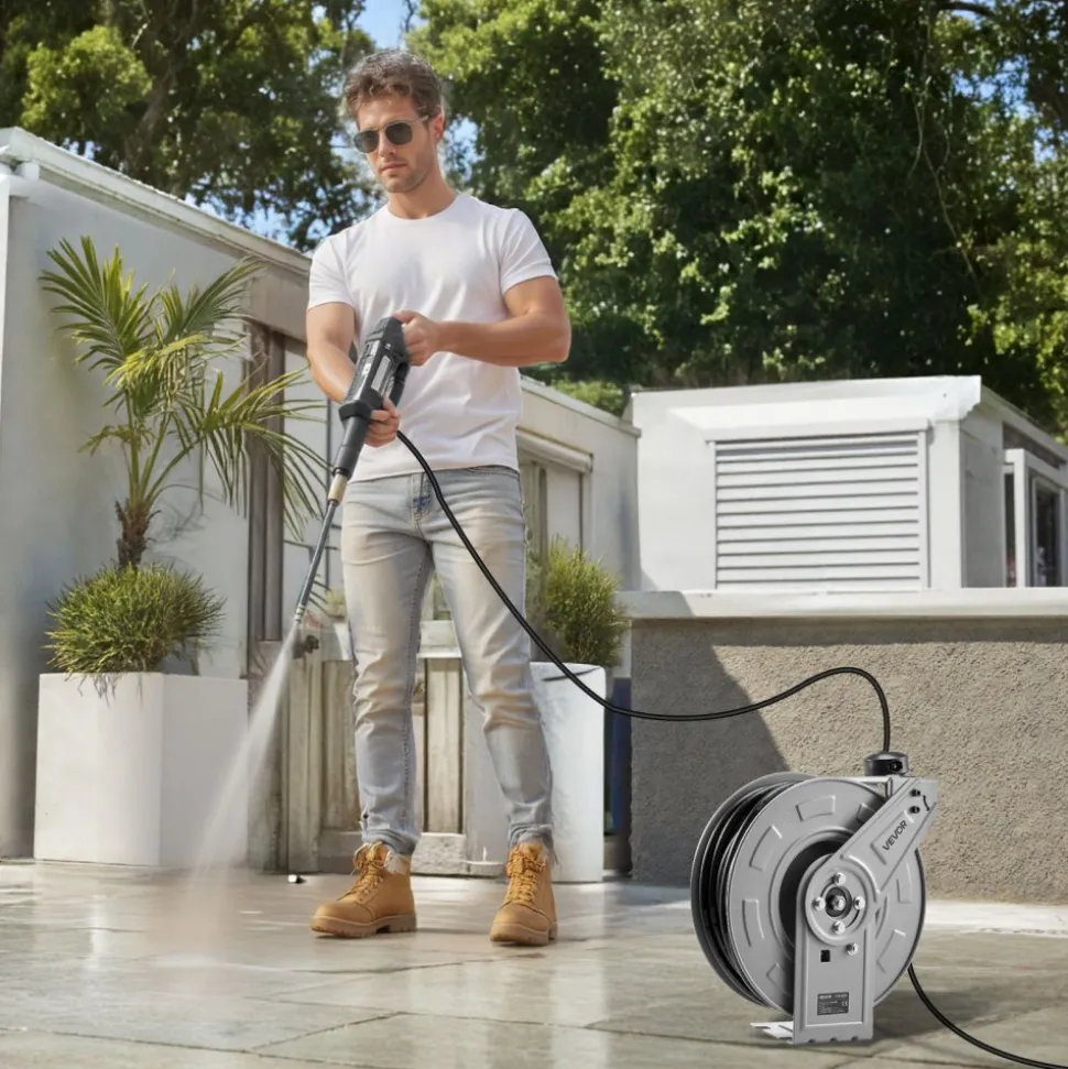 VEVOR Pressure Washer Hose Reel, 65 ft x 1/4 inch Retractable Power Heavy-Duty Steel Washer Hose Reel, 3200PSI Max, Auto-Rewinding, Flexible Wall/Floor Mounted for Car Washing,Garden,Floor Cleaning