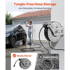 VEVOR Pressure Washer Hose Reel, 65 ft x 1/4 inch Retractable Power Heavy-Duty Steel Washer Hose Reel, 3200PSI Max, Auto-Rewinding, Flexible Wall/Floor Mounted for Car Washing,Garden,Floor Cleaning