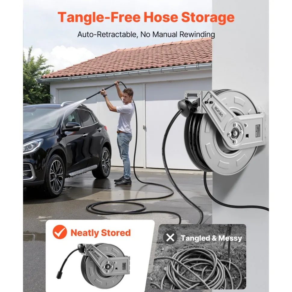 VEVOR Pressure Washer Hose Reel, 65 ft x 1/4 inch Retractable Power Heavy-Duty Steel Washer Hose Reel, 3200PSI Max, Auto-Rewinding, Flexible Wall/Floor Mounted for Car Washing,Garden,Floor Cleaning