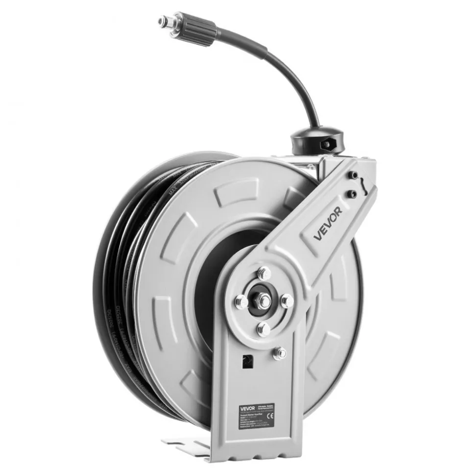 VEVOR Pressure Washer Hose Reel, 65 ft x 1/4 inch Retractable Power Heavy-Duty Steel Washer Hose Reel, 3200PSI Max, Auto-Rewinding, Flexible Wall/Floor Mounted for Car Washing,Garden,Floor Cleaning
