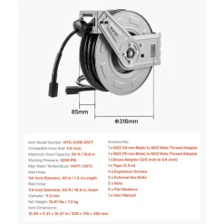 VEVOR Pressure Washer Hose Reel, 65 ft x 1/4 inch Retractable Power Heavy-Duty Steel Washer Hose Reel, 3200PSI Max, Auto-Rewinding, Flexible Wall/Floor Mounted for Car Washing,Garden,Floor Cleaning