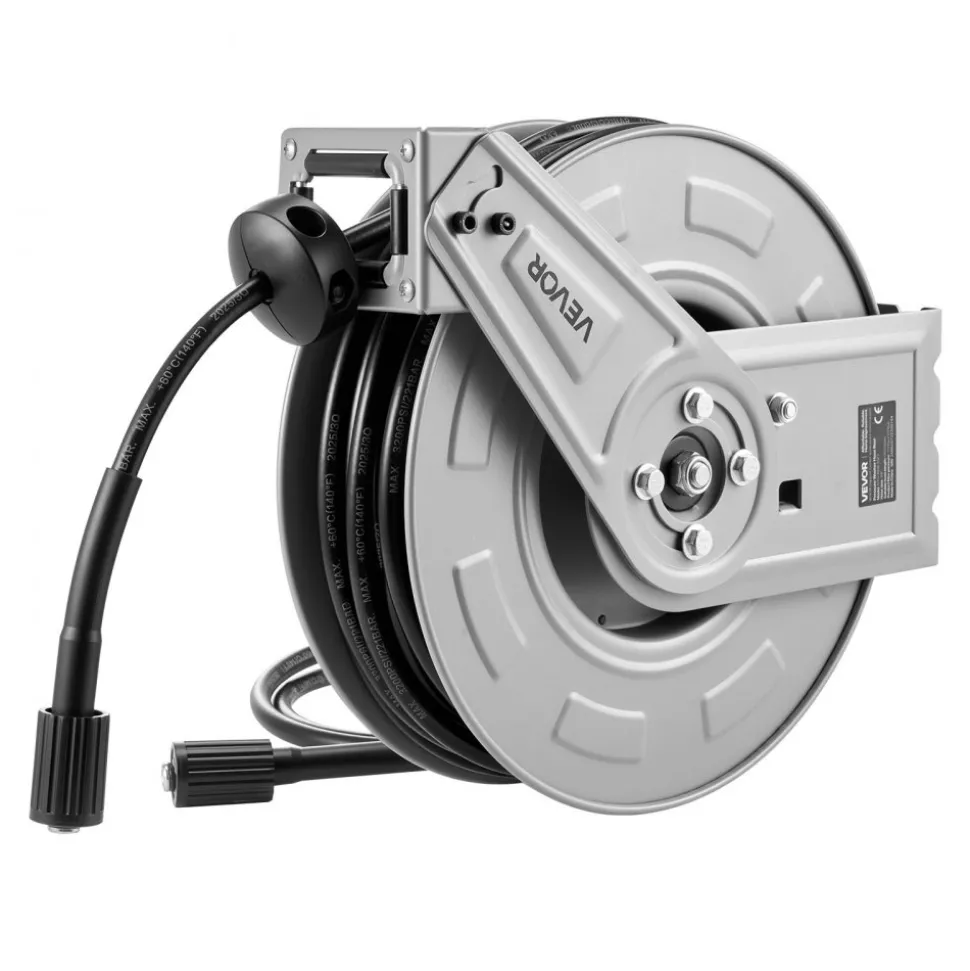 VEVOR Pressure Washer Hose Reel, 65 ft x 1/4 inch Retractable Power Heavy-Duty Steel Washer Hose Reel, 3200PSI Max, Auto-Rewinding, Flexible Wall/Floor Mounted for Car Washing,Garden,Floor Cleaning
