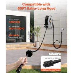 VEVOR Pressure Washer Hose Reel, 65 ft x 1/4 inch Retractable Power Heavy-Duty Steel Washer Hose Reel, 3200PSI Max, Auto-Rewinding, Flexible Wall/Floor Mounted for Car Washing,Garden,Floor Cleaning