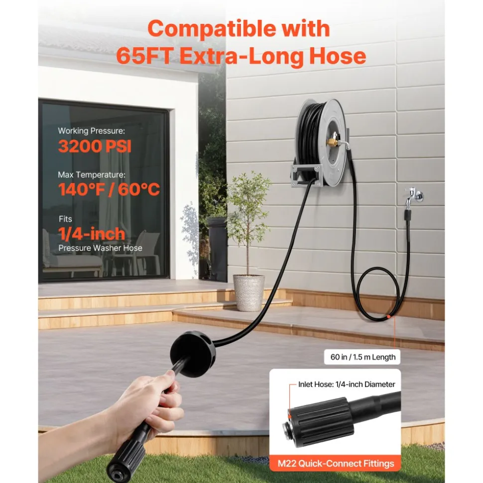 VEVOR Pressure Washer Hose Reel, 65 ft x 1/4 inch Retractable Power Heavy-Duty Steel Washer Hose Reel, 3200PSI Max, Auto-Rewinding, Flexible Wall/Floor Mounted for Car Washing,Garden,Floor Cleaning