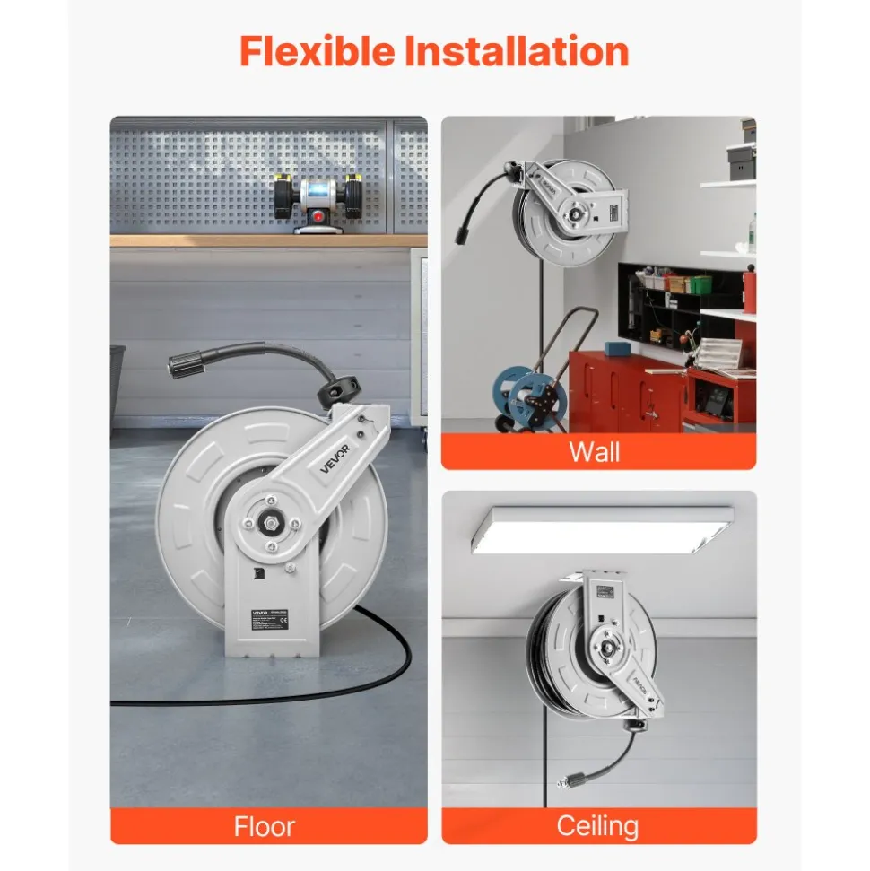 VEVOR Pressure Washer Hose Reel, 65 ft x 1/4 inch Retractable Power Heavy-Duty Steel Washer Hose Reel, 3200PSI Max, Auto-Rewinding, Flexible Wall/Floor Mounted for Car Washing,Garden,Floor Cleaning