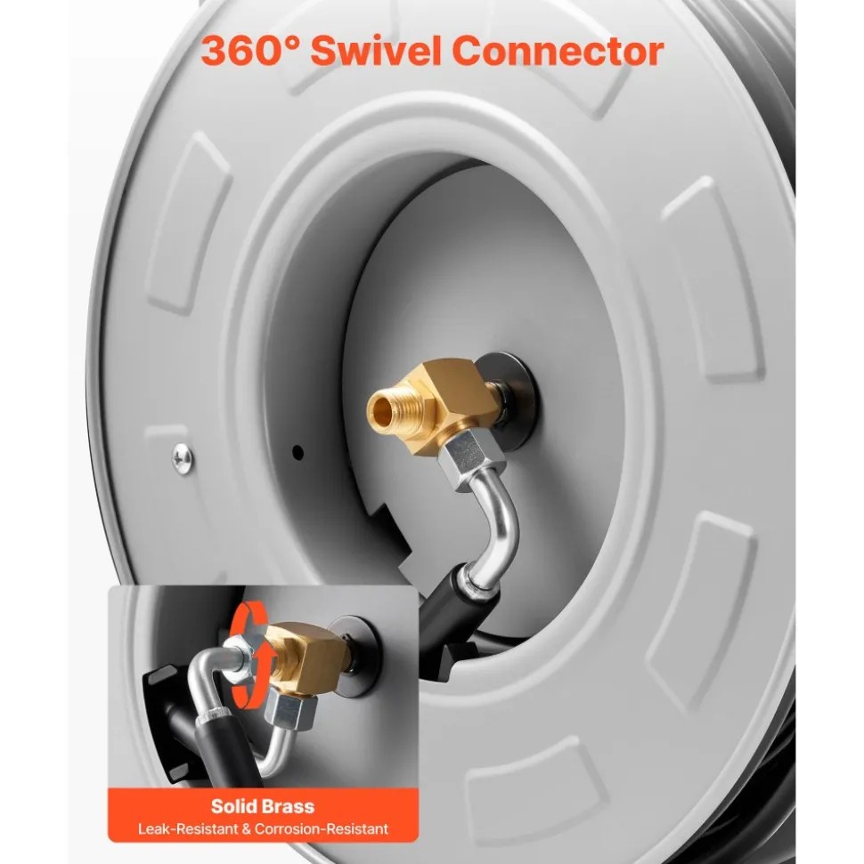 VEVOR Pressure Washer Hose Reel, 65 ft x 1/4 inch Retractable Power Heavy-Duty Steel Washer Hose Reel, 3200PSI Max, Auto-Rewinding, Flexible Wall/Floor Mounted for Car Washing,Garden,Floor Cleaning