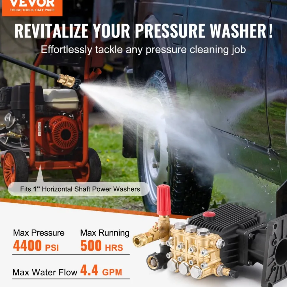 VEVOR Pressure Washer Pump, 1" Shaft Horizontal Triplex Plunger, 4400 PSI, 4.4GPM, Replacement Power Washer Pumps Kit with 5 Nozzles, Compatible with Simpson MorFlex 40224, 40225, 40226, Santoprene