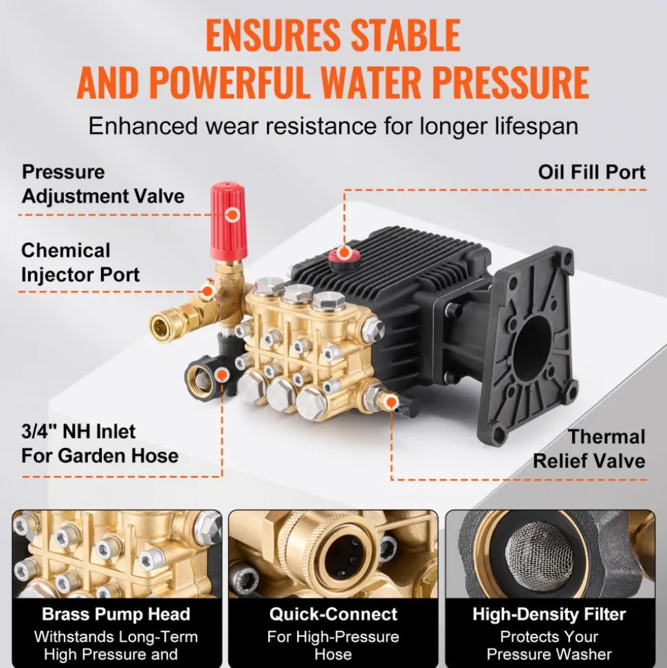VEVOR Pressure Washer Pump, 1" Shaft Horizontal Triplex Plunger, 4400 PSI, 4.4GPM, Replacement Power Washer Pumps Kit with 5 Nozzles, Compatible with Simpson MorFlex 40224, 40225, 40226, Santoprene