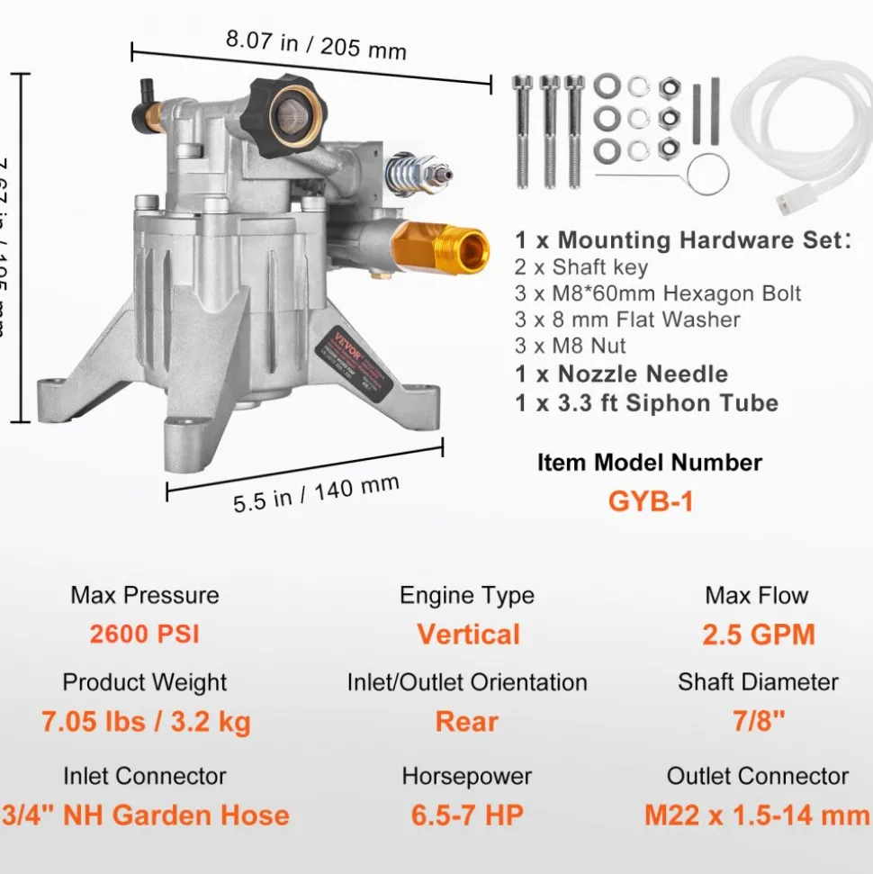 VEVOR Pressure Washer Pump, 7/8" Shaft Vertical, 3400 PSI, 2.5 GPM, Replacement Power Washer Pumps Kit, Parts Washer Pump, Compatible with Honda, Simpson, RYOBI, Briggs & Stratton, Subaru, Craftsman