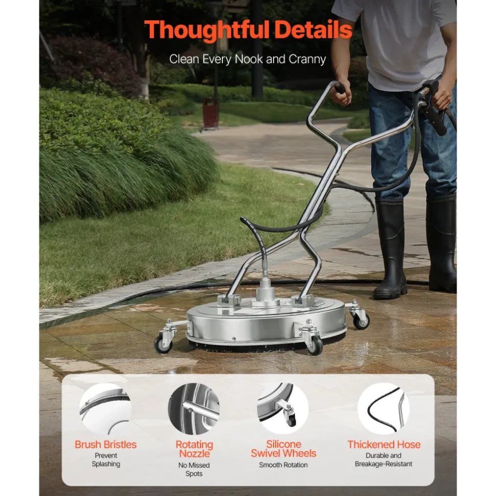 VEVOR 22" Pressure Washer Surface Cleaner, Stainless Steel Pressure Washer Attachments with 4 Wheels, 4500 Max PSI, 3/8 Quick Connector, 2 Spray Nozzles, Dual Handle, for Concrete, Patio, Sidewalk
