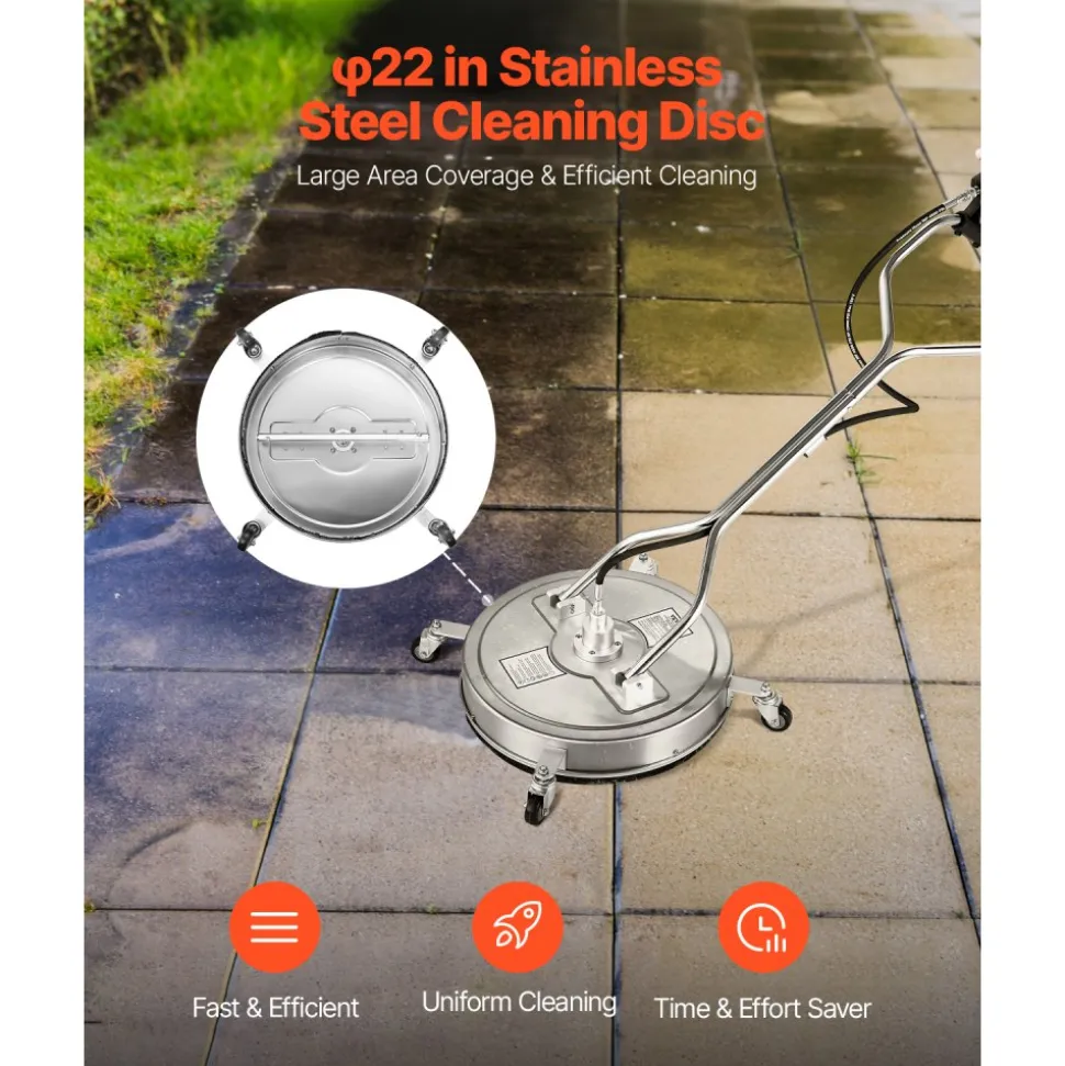 VEVOR 22" Pressure Washer Surface Cleaner, Stainless Steel Pressure Washer Attachments with 4 Wheels, 4500 Max PSI, 3/8 Quick Connector, 2 Spray Nozzles, Dual Handle, for Concrete, Patio, Sidewalk