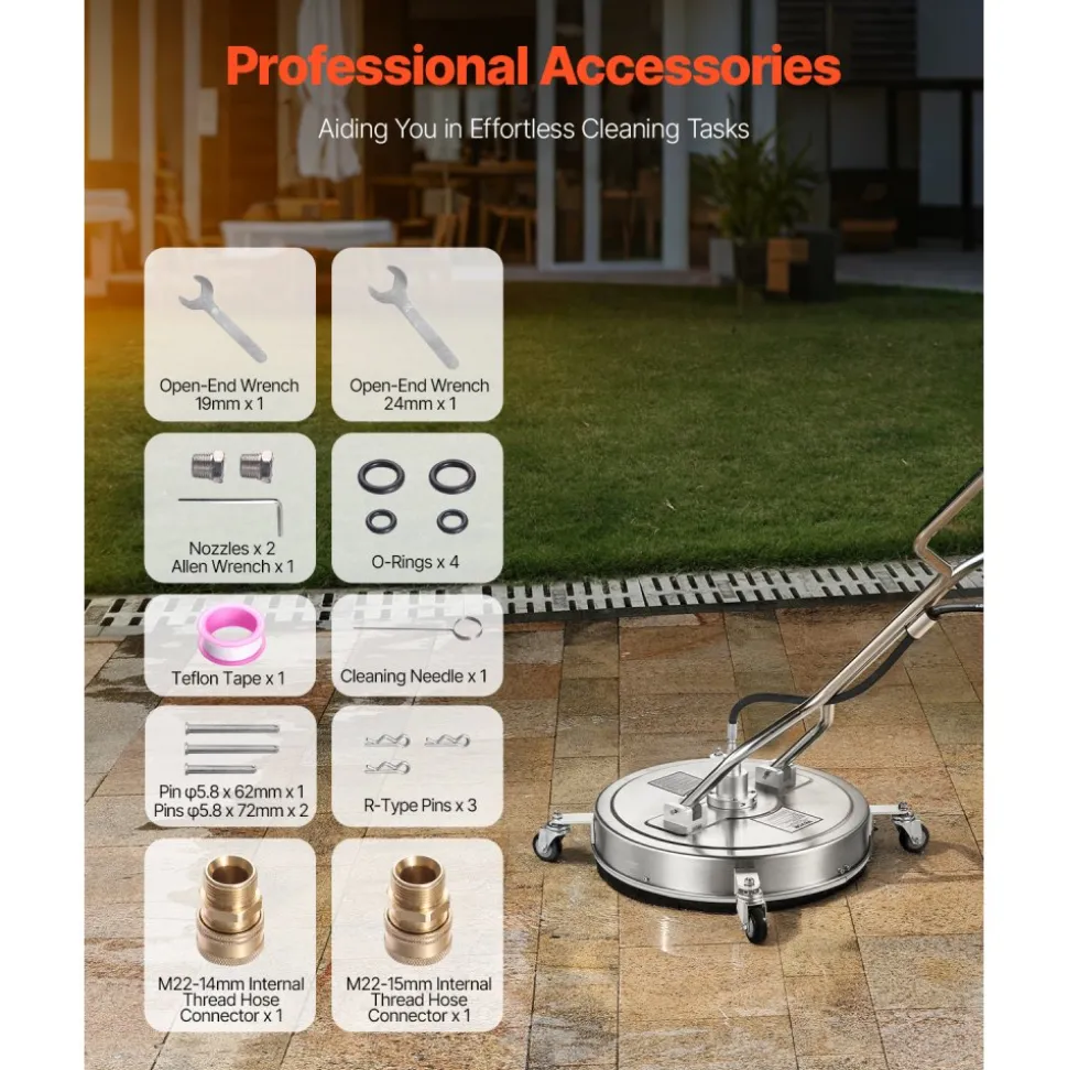 VEVOR 22" Pressure Washer Surface Cleaner, Stainless Steel Pressure Washer Attachments with 4 Wheels, 4500 Max PSI, 3/8 Quick Connector, 2 Spray Nozzles, Dual Handle, for Concrete, Patio, Sidewalk