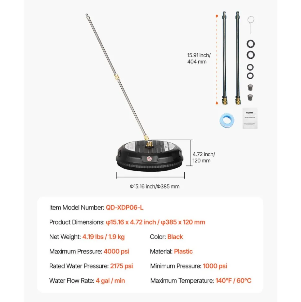VEVOR 15" Pressure Washer Surface Cleaner, 4000 Max PSI, 1/4 Quick Connector, 2 Spray Nozzles, 2 Extended Wands for Driveway, Sidewalk, Patio, Deck