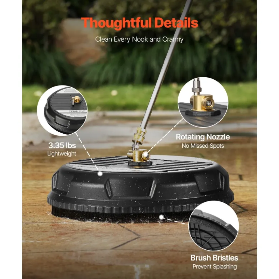 VEVOR 15" Pressure Washer Surface Cleaner, 4000 Max PSI, 1/4 Quick Connector, 2 Spray Nozzles, 2 Extended Wands for Driveway, Sidewalk, Patio, Deck