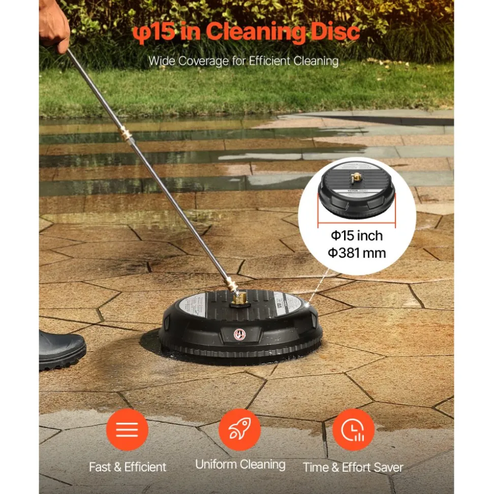 VEVOR 15" Pressure Washer Surface Cleaner, 4000 Max PSI, 1/4 Quick Connector, 2 Spray Nozzles, 2 Extended Wands for Driveway, Sidewalk, Patio, Deck