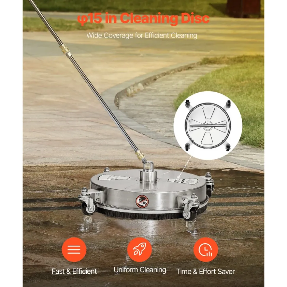 VEVOR 15" Pressure Washer Surface Cleaner, Stainless Steel Pressure Washer Attachments with 4 Wheels, 4000 Max PSI, 1/4 Quick Connector, 2 Spray Nozzles, 2 Extended Wands for Concrete, Patio, Deck