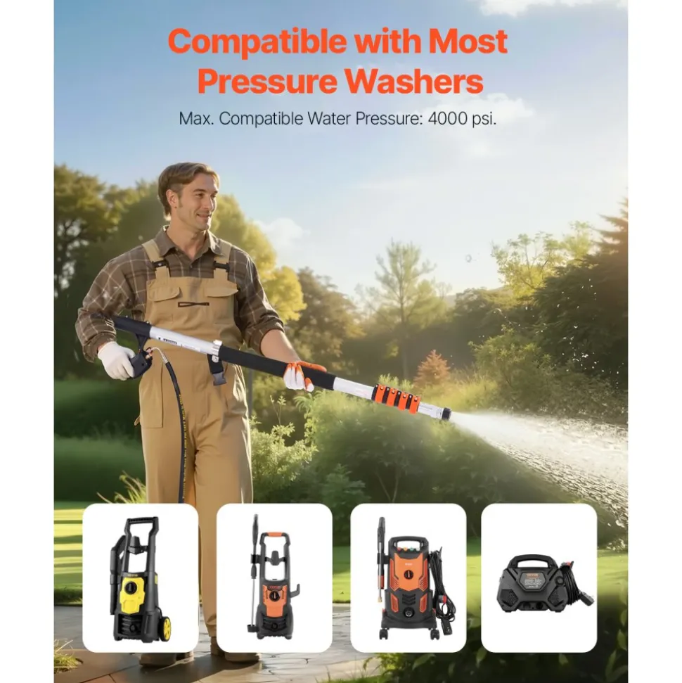 VEVOR Pressure Washer Telescoping Wand, 18 ft, 4000 psi, Telescopic Spray Wand with Power Washer Extension Wands, Gutter Cleaner, Brush Head, 5 Spray Nozzle Tips, Adapter and Adjustable Support Belt