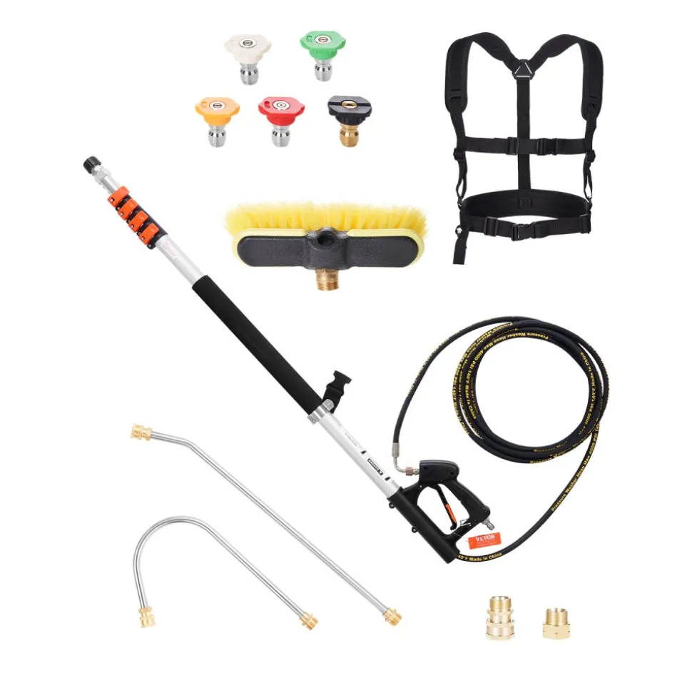 VEVOR Pressure Washer Telescoping Wand, 18 ft, 4000 psi, Telescopic Spray Wand with Power Washer Extension Wands, Gutter Cleaner, Brush Head, 5 Spray Nozzle Tips, Adapter and Adjustable Support Belt