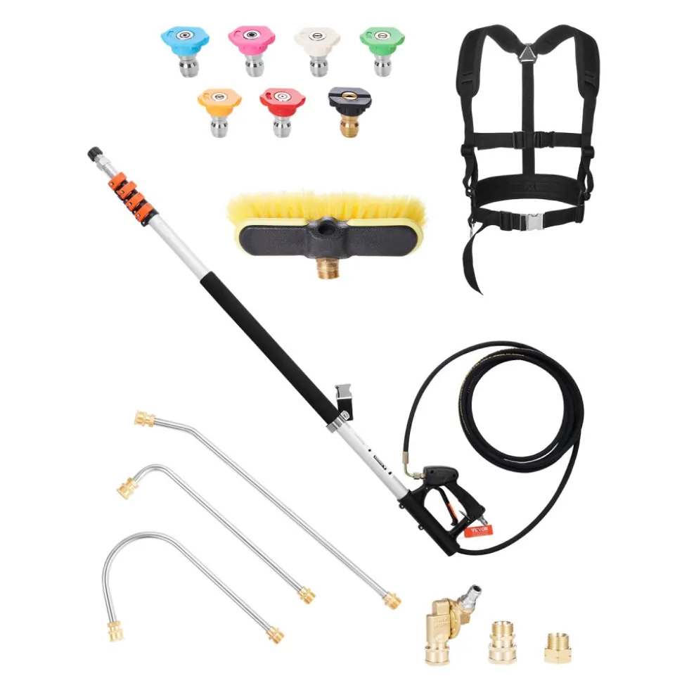 VEVOR Pressure Washer Telescoping Wand, 24 ft, 4000 psi, Telescopic Spray Wand with Power Washer Extension Wands, Gutter Cleaner, Brush Head, Pivoting Coupler, 7 Spray Nozzles and Support Harness