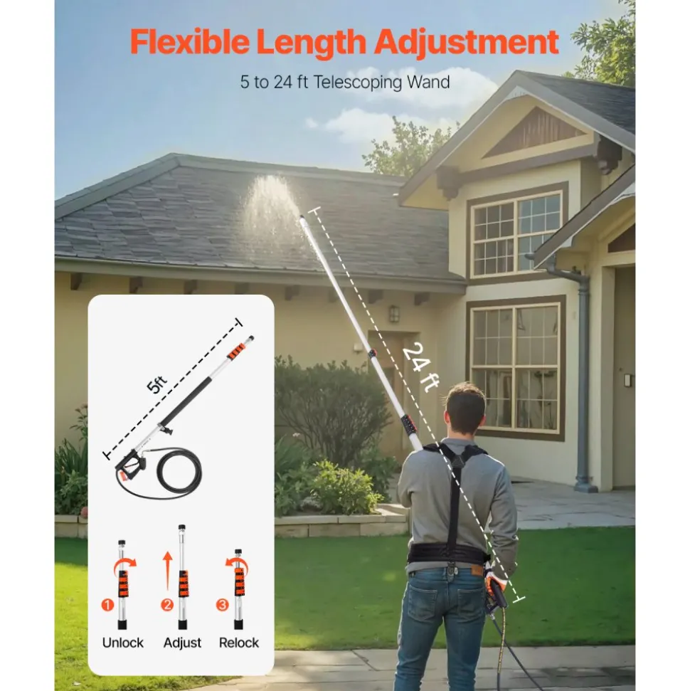 VEVOR Pressure Washer Telescoping Wand, 24 ft, 4000 psi, Telescopic Spray Wand with Power Washer Extension Wands, Gutter Cleaner, Pivoting Coupler, 7 Spray Nozzle Tips and Adjustable Support Harness