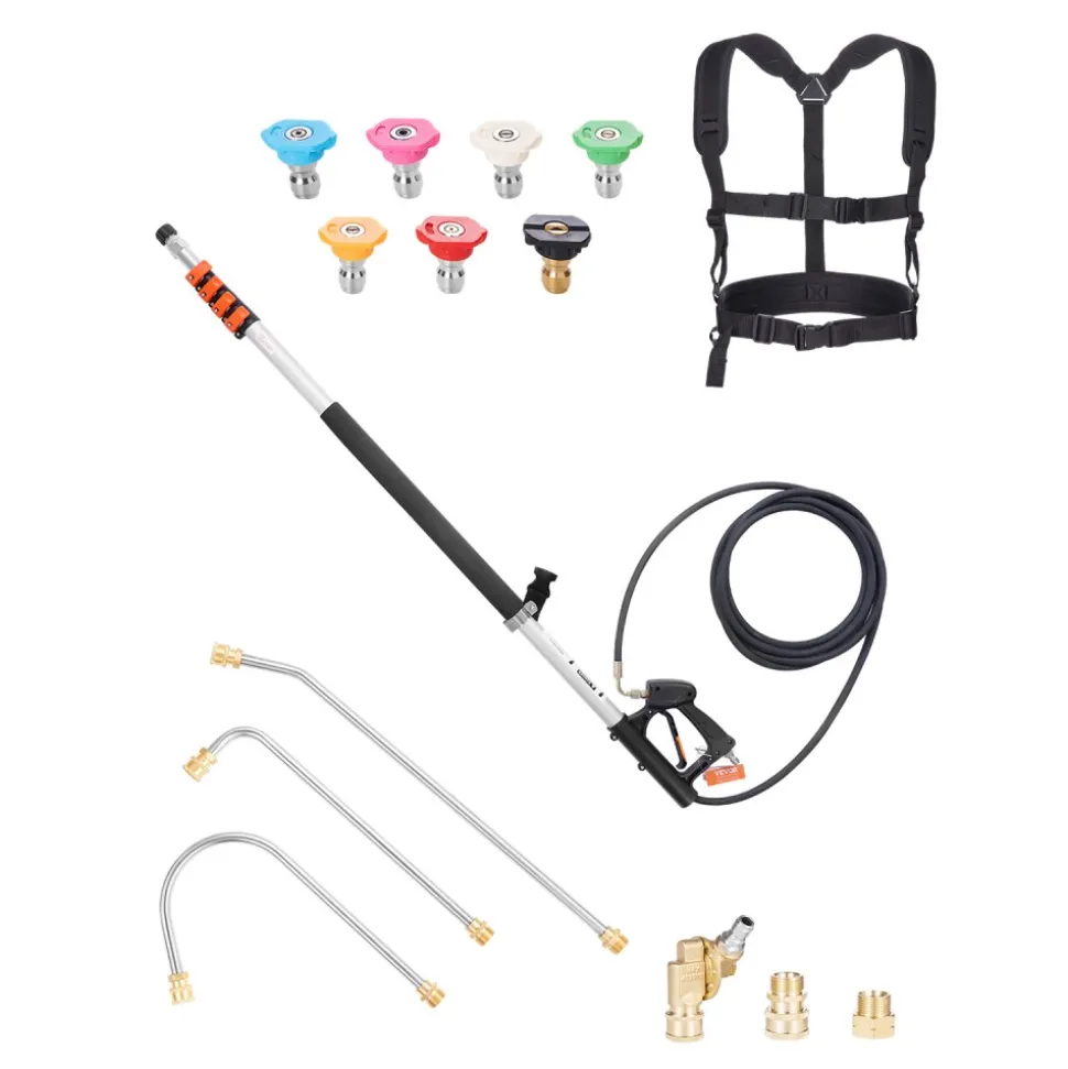 VEVOR Pressure Washer Telescoping Wand, 24 ft, 4000 psi, Telescopic Spray Wand with Power Washer Extension Wands, Gutter Cleaner, Pivoting Coupler, 7 Spray Nozzle Tips and Adjustable Support Harness