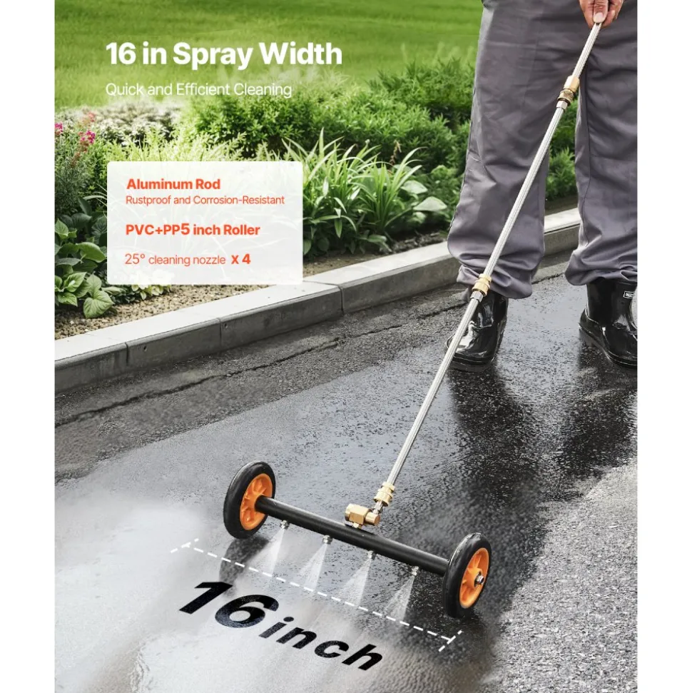 VEVOR 16" Pressure Washer Undercarriage Cleaner, Stainless Steel Surface Cleaner for Pressure Washer, 4000 Max PSI, Angle Adjustment Gear, 4 Spray Nozzles, 2 Extended Wands for Driveway, Patio, Deck